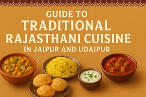 Guide to traditional Rajasthani cuisine in Jaipur and Udaipur featuring authentic dishes like dal baati churma, gatte ki sabzi, and laal maas.