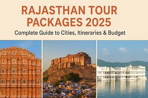 Rajasthan Tour Packages 2025 guide banner featuring Hawa Mahal, Mehrangarh Fort and Lake Palace – Raj India Tour”